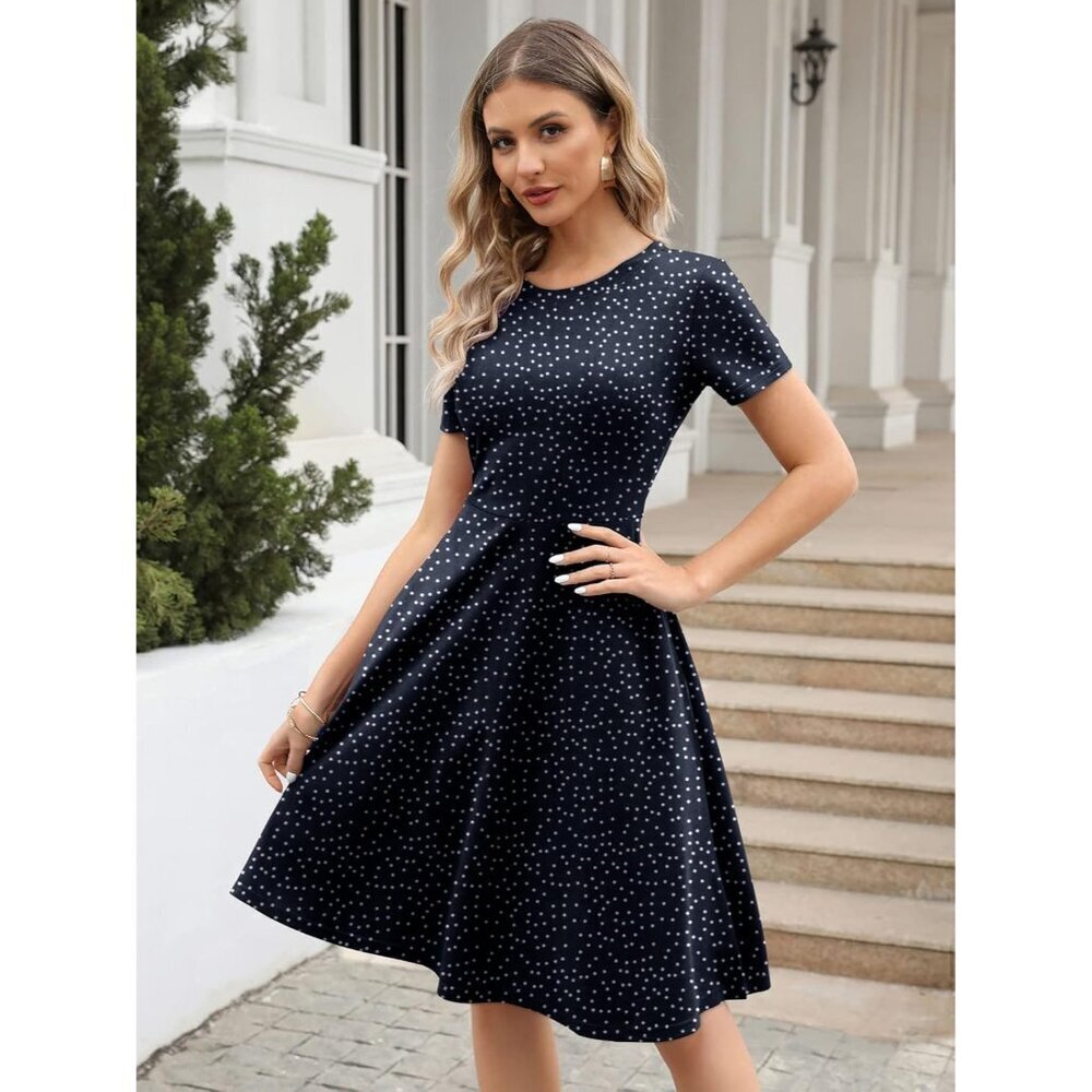 Women's Navy Dot Elegant Knee Length Vintage A-Line Swing Dress with Pockets - Picture 5 of 6